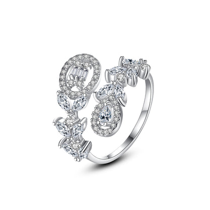 Crystal and Cubic Zirconia Silver-Plated Rattan Bypass Ring, silver statement rings for women, front view
