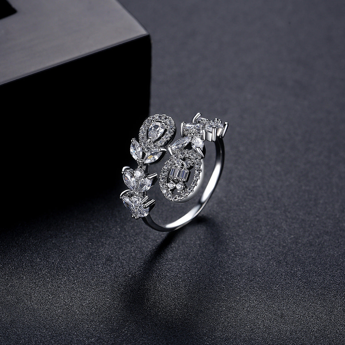 Crystal and Cubic Zirconia Silver-Plated Rattan Bypass Ring, silver statement rings for women, side view