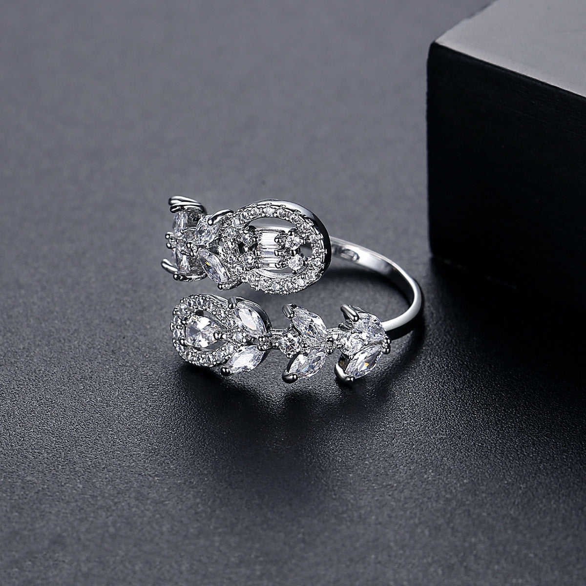 Crystal and Cubic Zirconia Silver-Plated Rattan Bypass Ring, silver statement rings for women, detail close-up