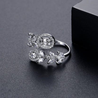 Crystal and Cubic Zirconia Silver-Plated Rattan Bypass Ring, silver statement rings for women, detail close-up