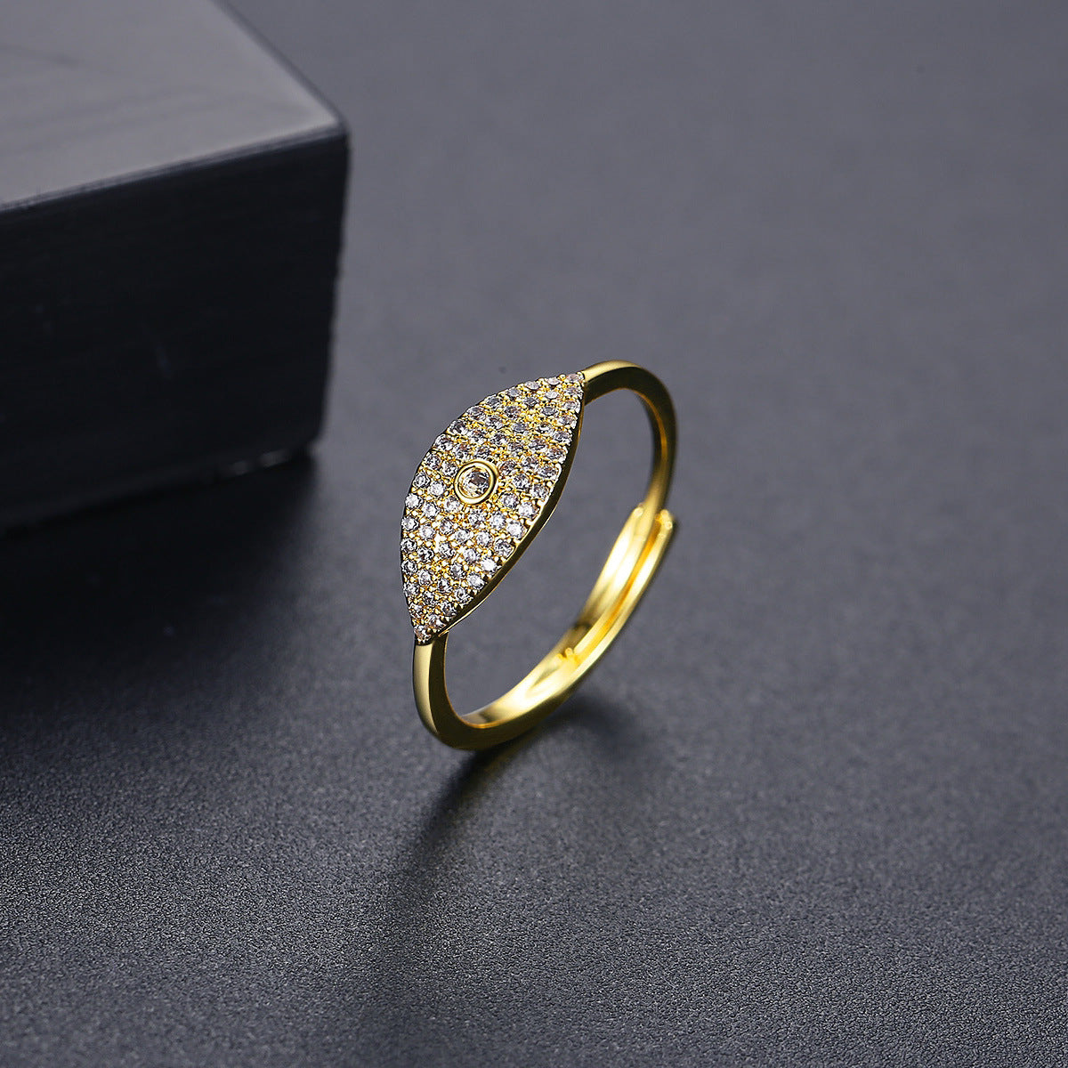 Cubic Zirconia and 18K Gold-Plated Eye Adjustable Ring, gold statement rings for women, elegant gift for her, side view