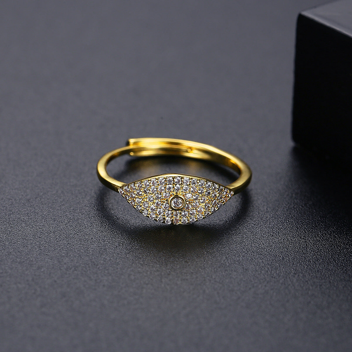 Cubic Zirconia and 18K Gold-Plated Eye Adjustable Ring, gold statement rings for women, elegant gift for her, detail close-up