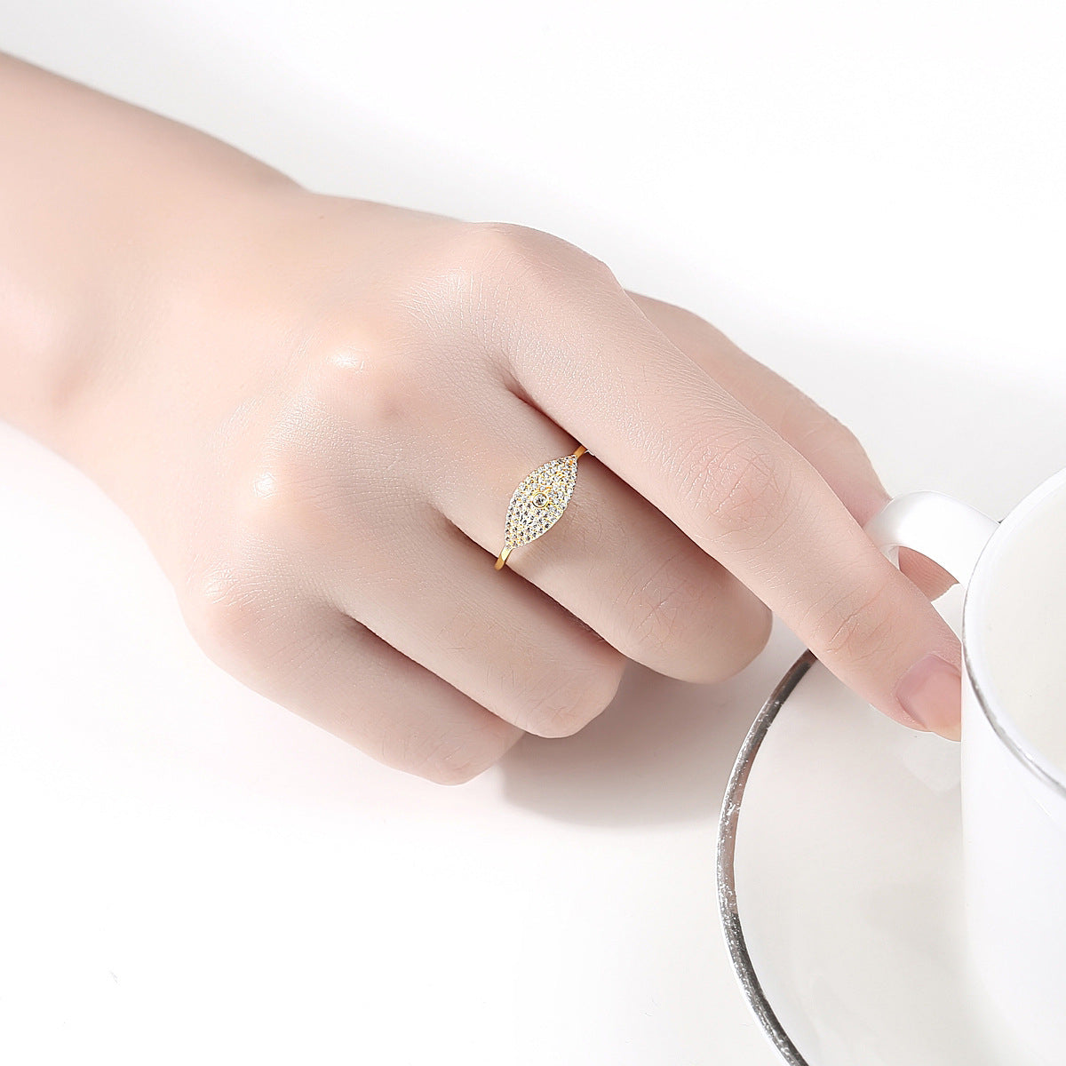Cubic Zirconia and 18K Gold-Plated Eye Adjustable Ring, gold statement rings for women, elegant gift for her, lifestyle look