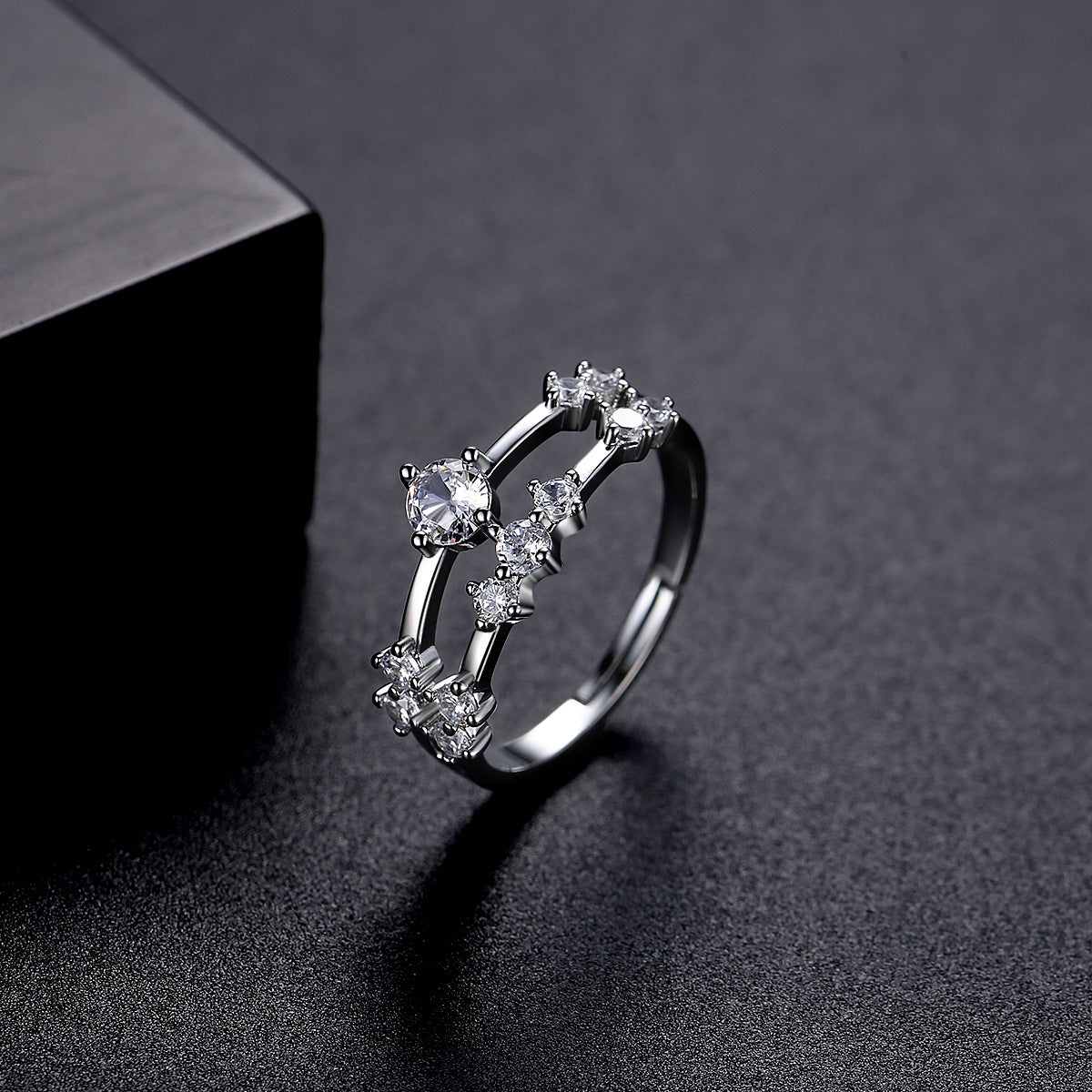 Cubic Zirconia and Silver-Plated Layered Adjustable Ring, silver statement rings for women, everyday style, side view