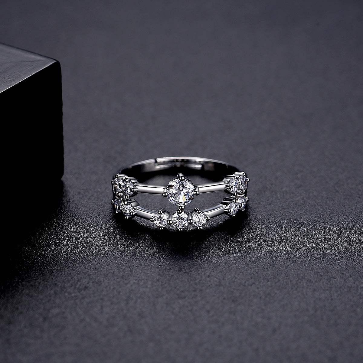 Cubic Zirconia and Silver-Plated Layered Adjustable Ring, silver statement rings for women, everyday style, detail close-up