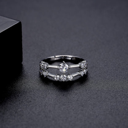Cubic Zirconia and Silver-Plated Layered Adjustable Ring, silver statement rings for women, everyday style, detail close-up