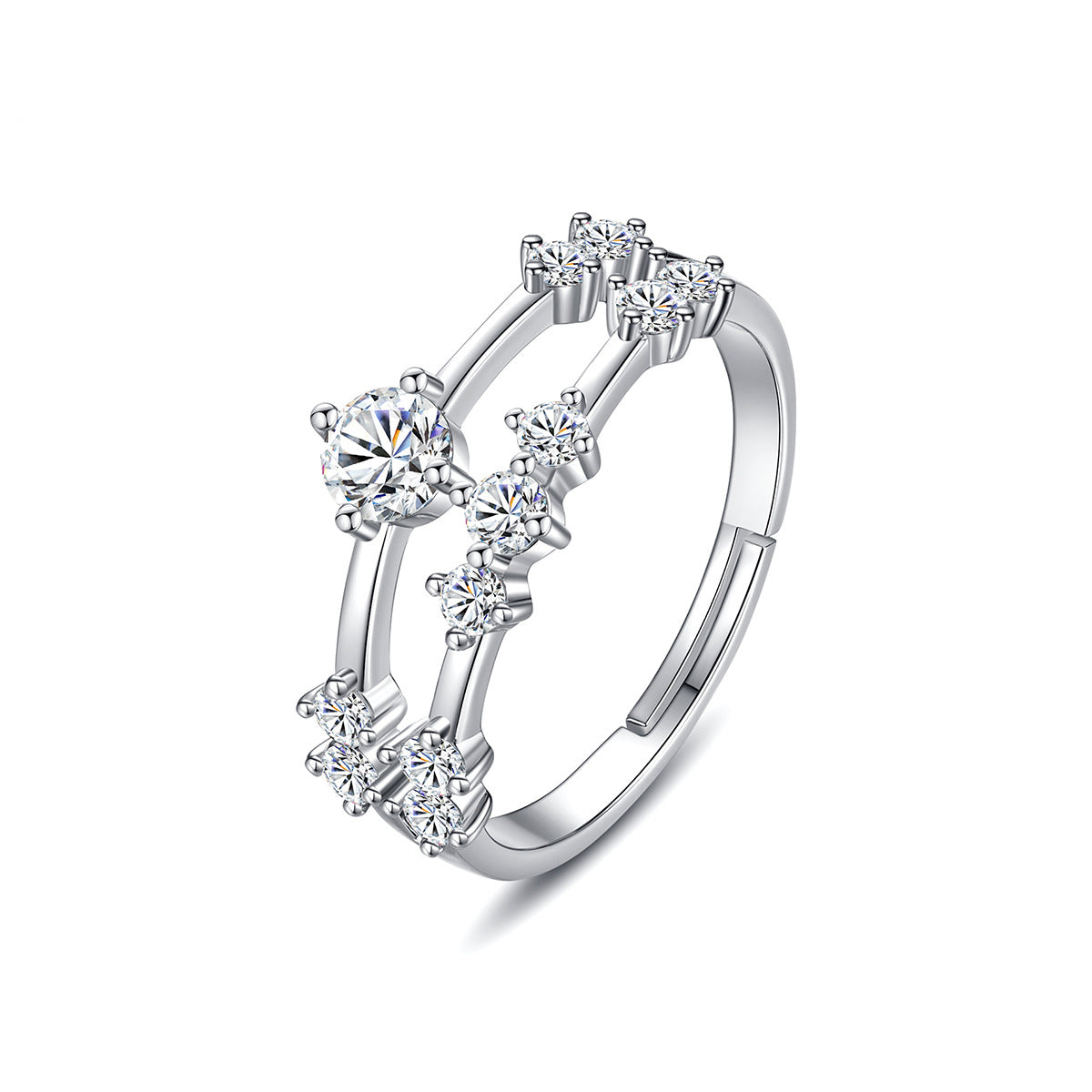Cubic Zirconia and Silver-Plated Layered Adjustable Ring, silver statement rings for women, everyday style, front view