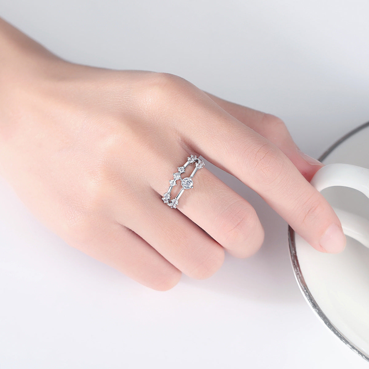 Cubic Zirconia and Silver-Plated Layered Adjustable Ring, silver statement rings for women, everyday style, lifestyle look