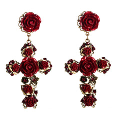 Red Resin & Cubic Zirconia Rose Cross Drop Earrings