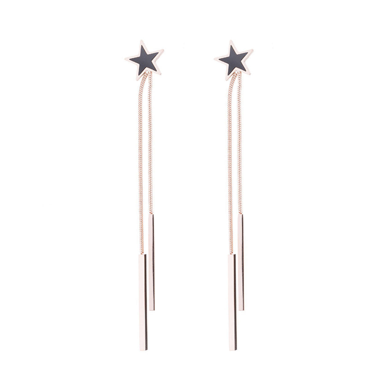 Black Acrylic and 18K Rose Gold-Plated Star Bar Tassel Drop Earrings, rose gold drop earrings for women, front view