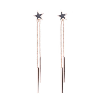 Black Acrylic and 18K Rose Gold-Plated Star Bar Tassel Drop Earrings, rose gold drop earrings for women, front view