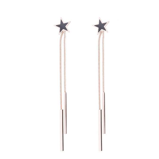 Black Acrylic and 18K Rose Gold-Plated Star Bar Tassel Drop Earrings, rose gold drop earrings for women, front view