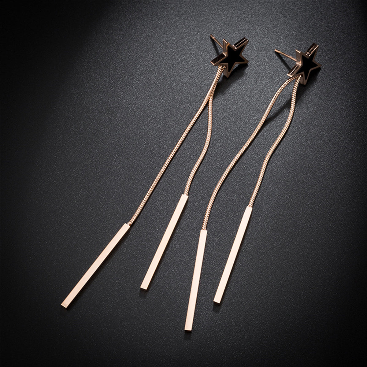 Black Acrylic and 18K Rose Gold-Plated Star Bar Tassel Drop Earrings, rose gold drop earrings for women, side view