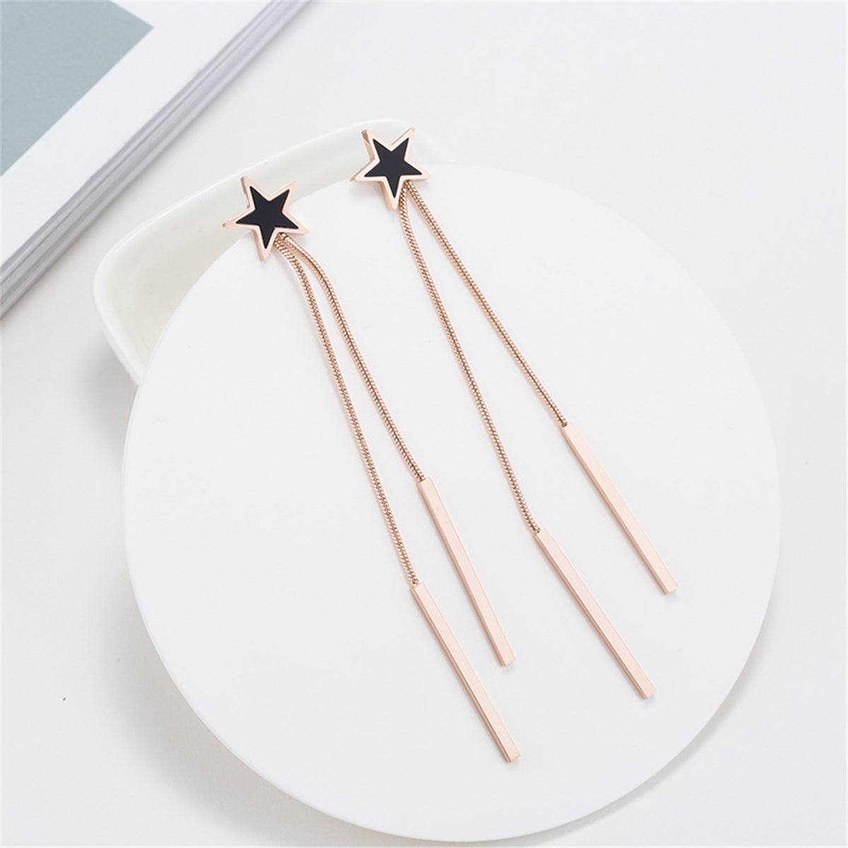 Black Acrylic and 18K Rose Gold-Plated Star Bar Tassel Drop Earrings, rose gold drop earrings for women, detail close-up