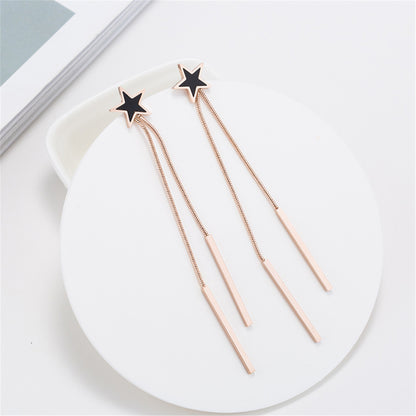 Black Acrylic and 18K Rose Gold-Plated Star Bar Tassel Drop Earrings, rose gold drop earrings for women, detail close-up