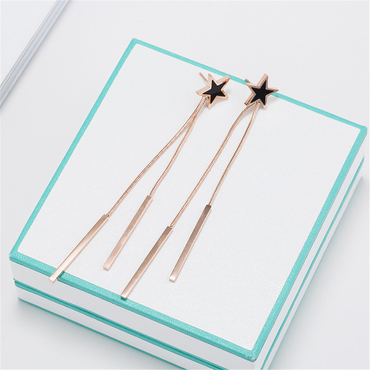 Black Acrylic and 18K Rose Gold-Plated Star Bar Tassel Drop Earrings, rose gold drop earrings for women, lifestyle look