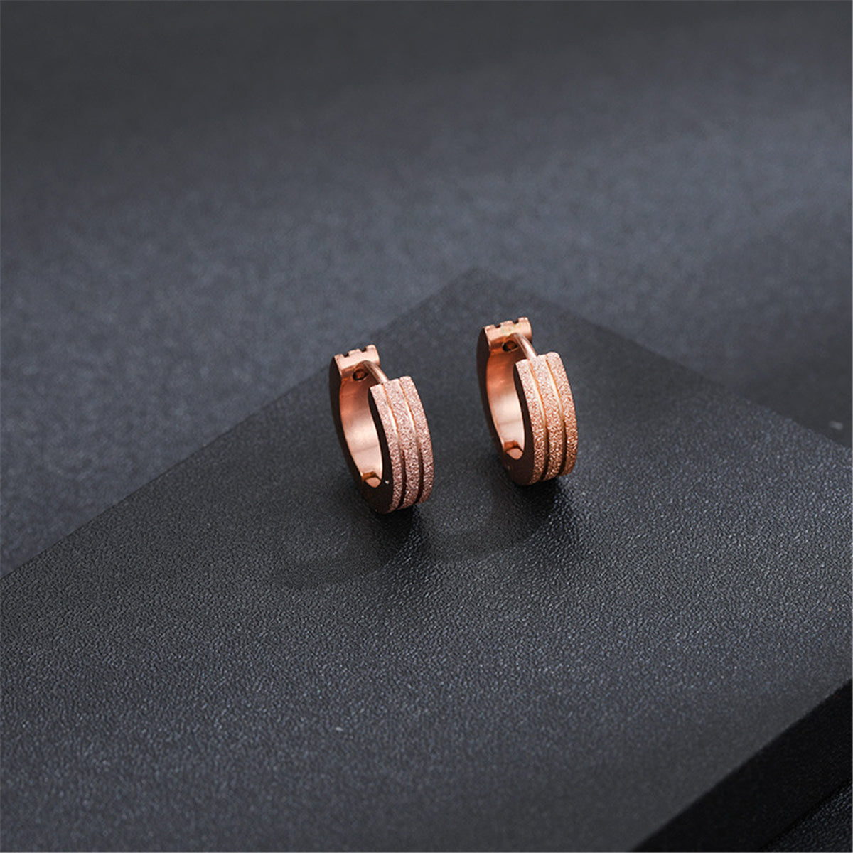 18K Rose Gold-Plated Frosted Huggie Earring, rose gold huggie earrings, dainty minimalist design, side view