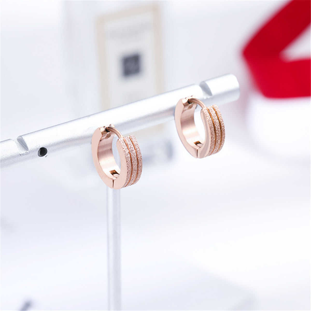 18K Rose Gold-Plated Frosted Huggie Earring, rose gold huggie earrings, dainty minimalist design, styled look