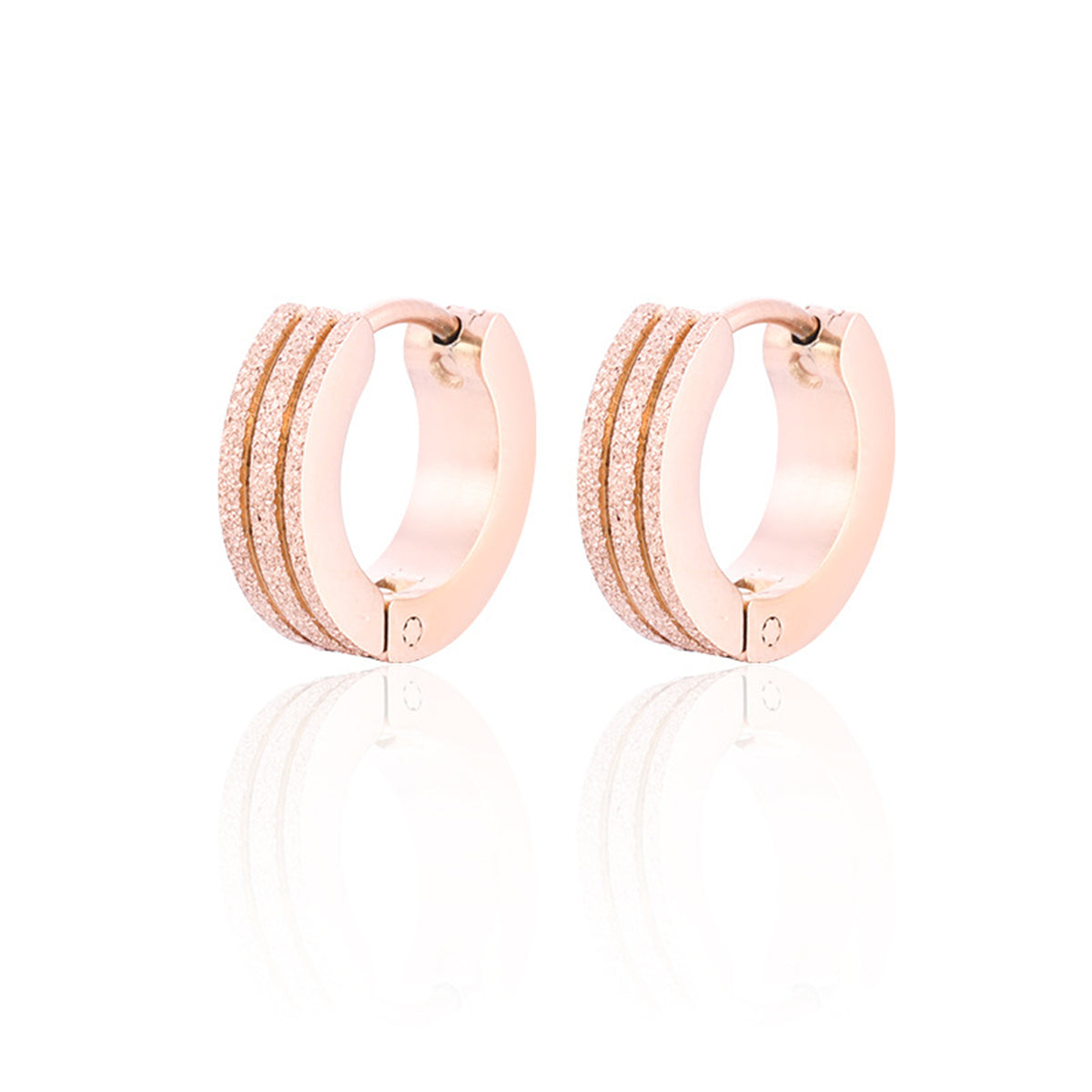 18K Rose Gold-Plated Frosted Huggie Earring, rose gold huggie earrings, dainty minimalist design, front view