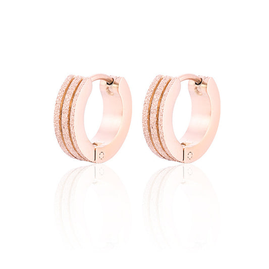 18K Rose Gold-Plated Frosted Huggie Earring, rose gold huggie earrings, dainty minimalist design, front view