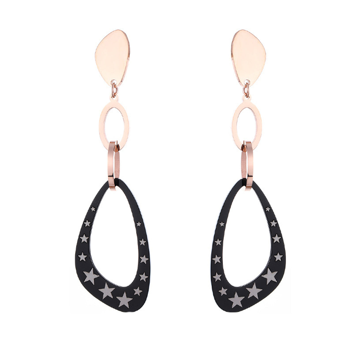Black Acrylic and 18K Rose Gold-Plated Star Triangle Drop Earrings, rose gold drop earrings for women, front view