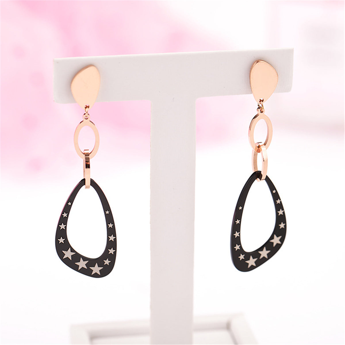 Black Acrylic and 18K Rose Gold-Plated Star Triangle Drop Earrings, rose gold drop earrings for women, side view