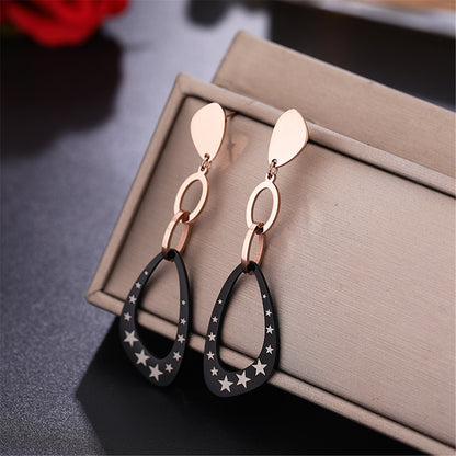 Black Acrylic and 18K Rose Gold-Plated Star Triangle Drop Earrings, rose gold drop earrings for women, detail close-up