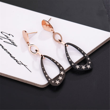 Black Acrylic and 18K Rose Gold-Plated Star Triangle Drop Earrings, rose gold drop earrings for women, styled look