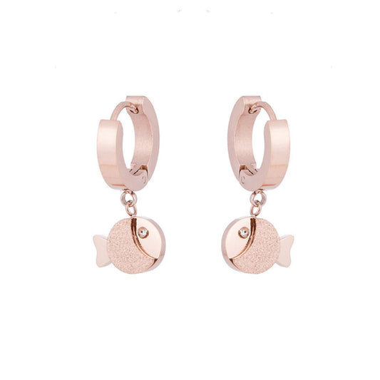 Cubic Zirconia and 18K Rose Gold-Plated Frosted Fish Huggie Earring, rose gold huggie earrings, front view