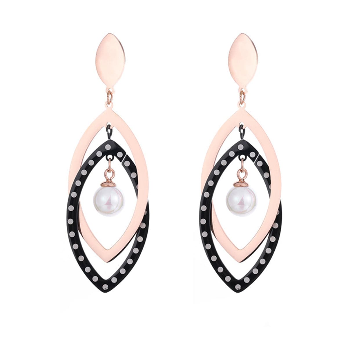 Black Acrylic and Pearl 18K Rose Gold-Plated Open Leaves Drop Earrings, rose gold drop earrings for women, front view