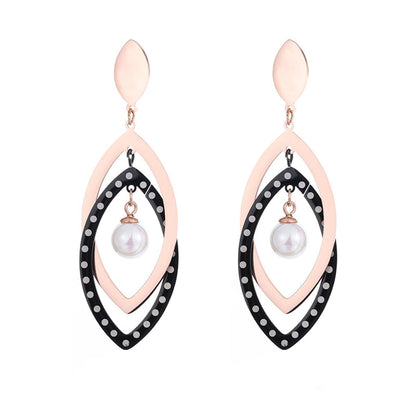Black Acrylic and Pearl 18K Rose Gold-Plated Open Leaves Drop Earrings, rose gold drop earrings for women, front view