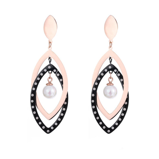 Black Acrylic and Pearl 18K Rose Gold-Plated Open Leaves Drop Earrings, rose gold drop earrings for women, front view