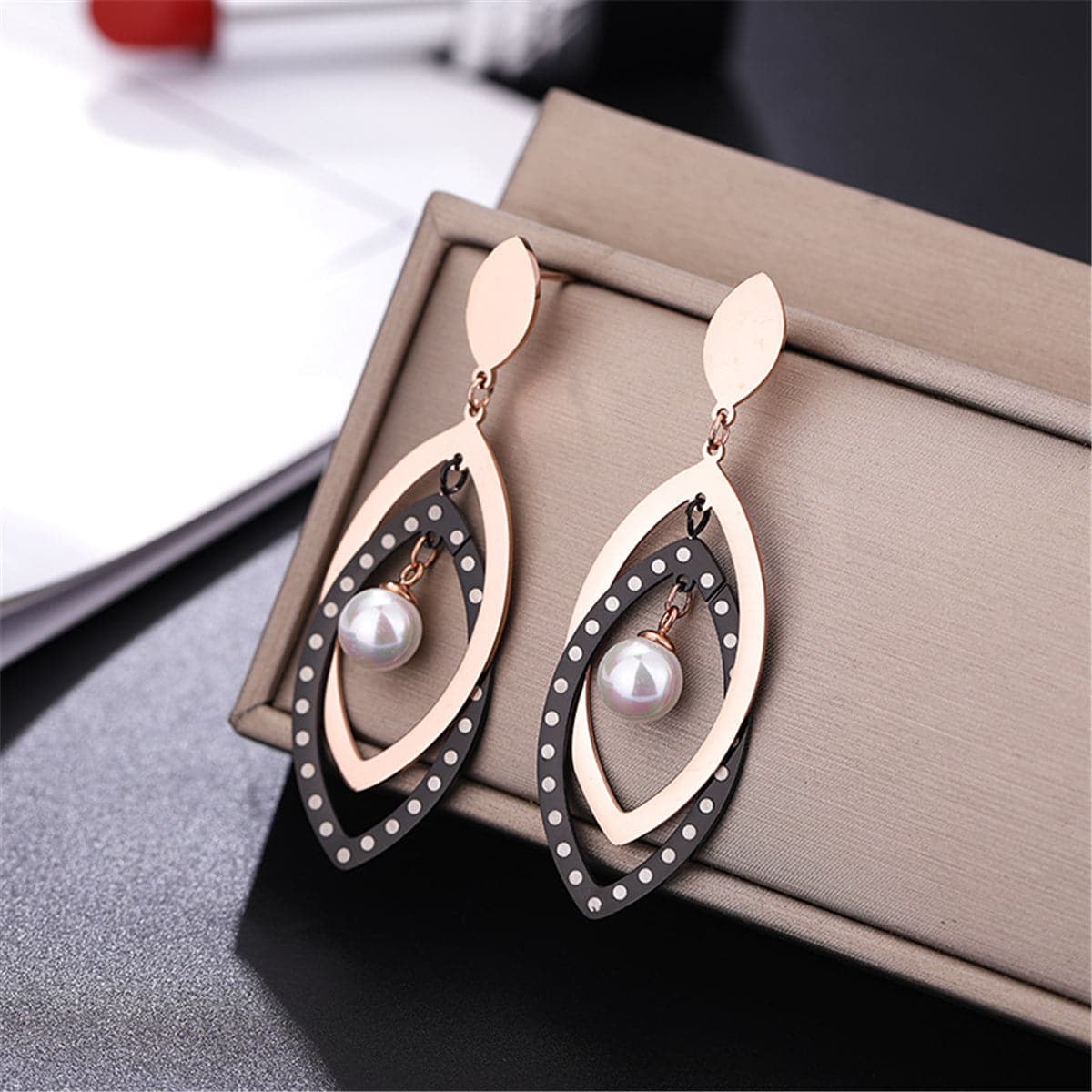 Black Acrylic and Pearl 18K Rose Gold-Plated Open Leaves Drop Earrings, rose gold drop earrings for women, side view