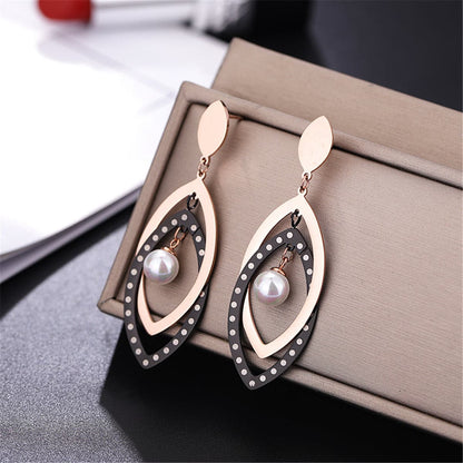 Black Acrylic and Pearl 18K Rose Gold-Plated Open Leaves Drop Earrings, rose gold drop earrings for women, side view