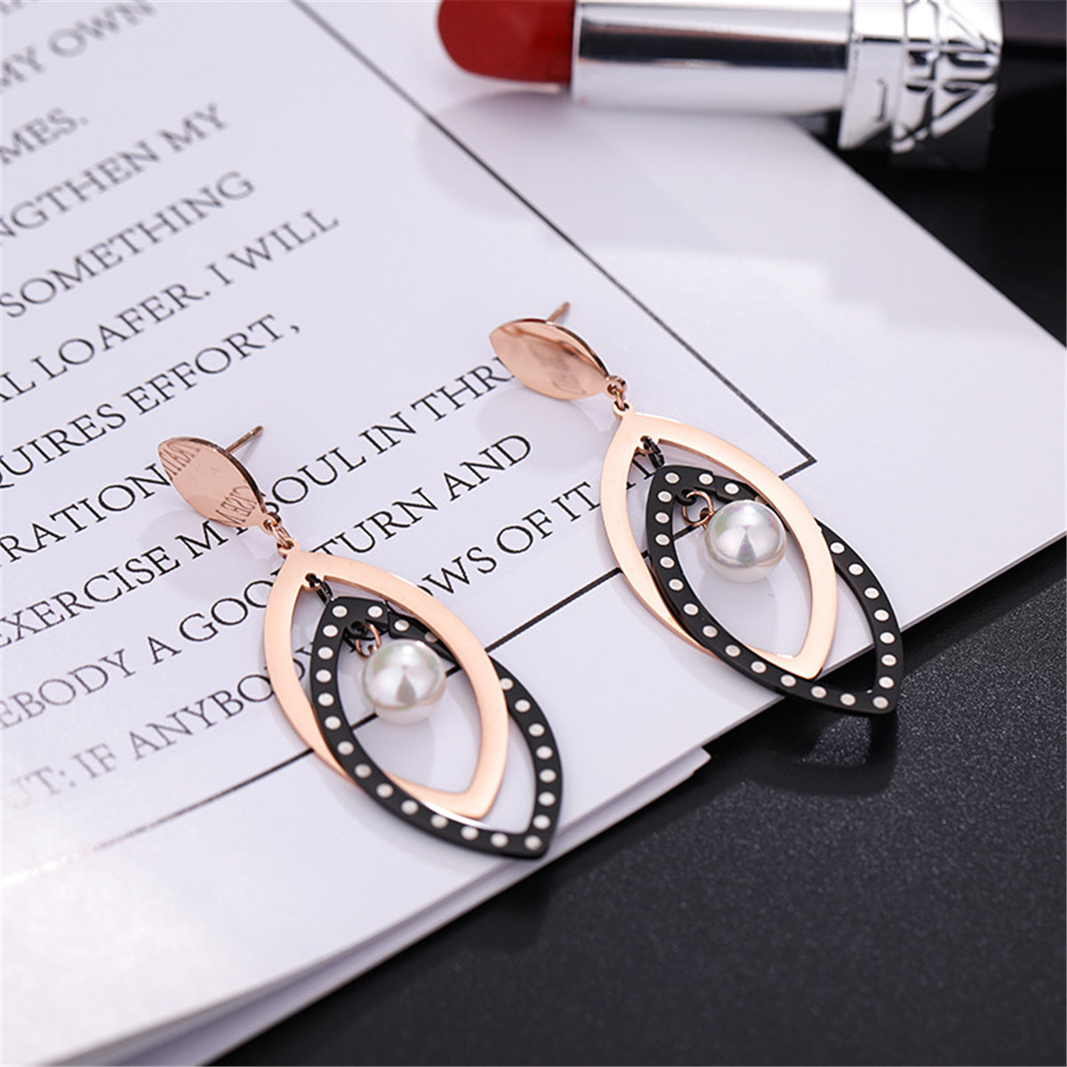 Black Acrylic and Pearl 18K Rose Gold-Plated Open Leaves Drop Earrings, rose gold drop earrings for women, styled look