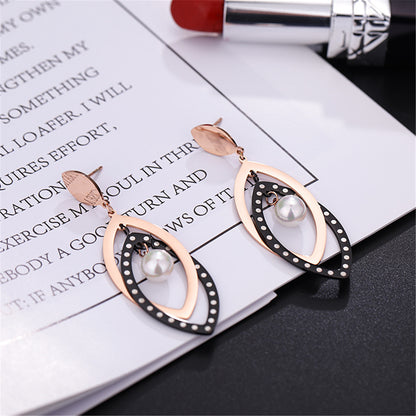 Black Acrylic and Pearl 18K Rose Gold-Plated Open Leaves Drop Earrings, rose gold drop earrings for women, styled look