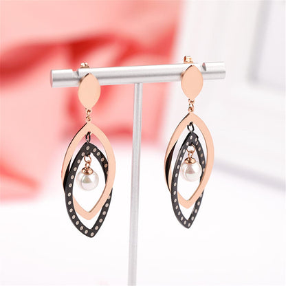 Black Acrylic and Pearl 18K Rose Gold-Plated Open Leaves Drop Earrings, rose gold drop earrings for women, detail close-up