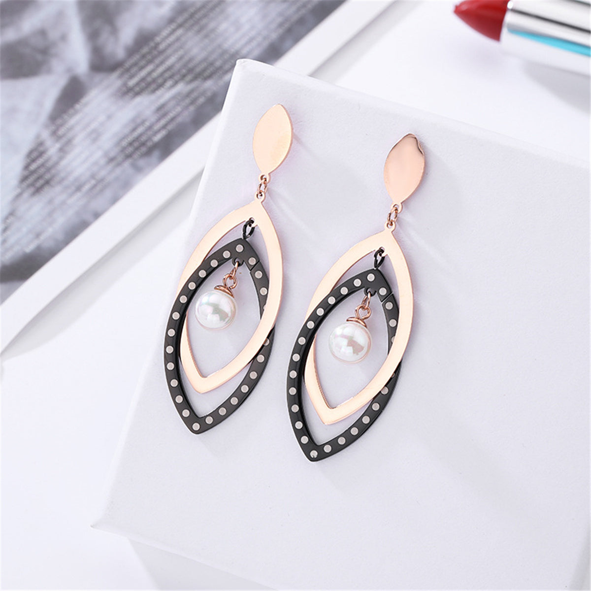 Black Acrylic and Pearl 18K Rose Gold-Plated Open Leaves Drop Earrings, rose gold drop earrings for women, lifestyle look