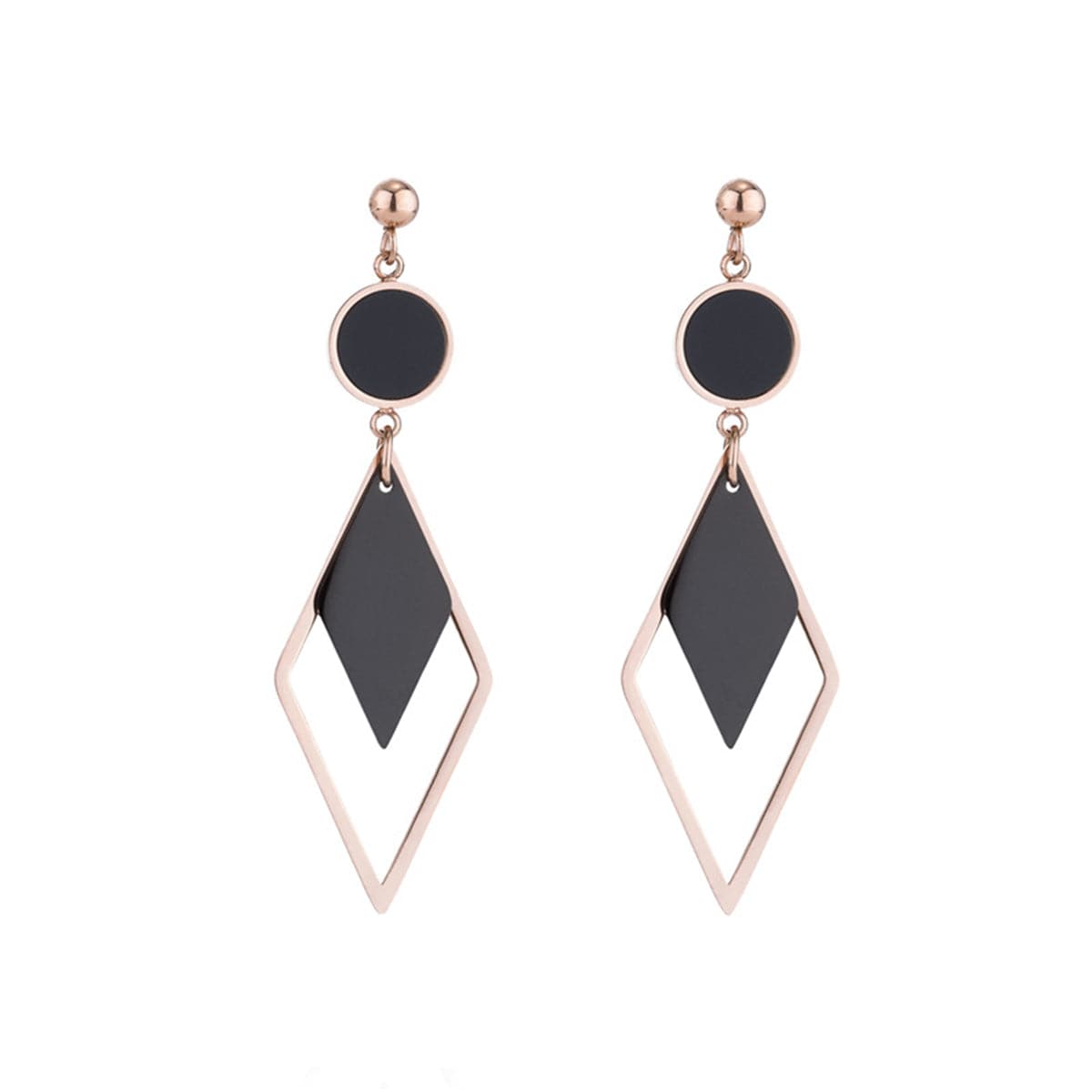 Black Acrylic and 18K Rose Gold-Plated Stacked Rhombus Drop Earrings, rose gold drop earrings for women, front view