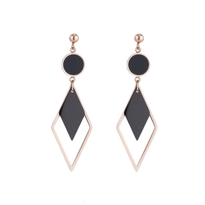 Black Acrylic and 18K Rose Gold-Plated Stacked Rhombus Drop Earrings, rose gold drop earrings for women, front view