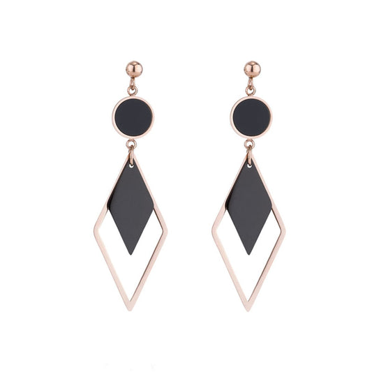 Black Acrylic and 18K Rose Gold-Plated Stacked Rhombus Drop Earrings, rose gold drop earrings for women, front view
