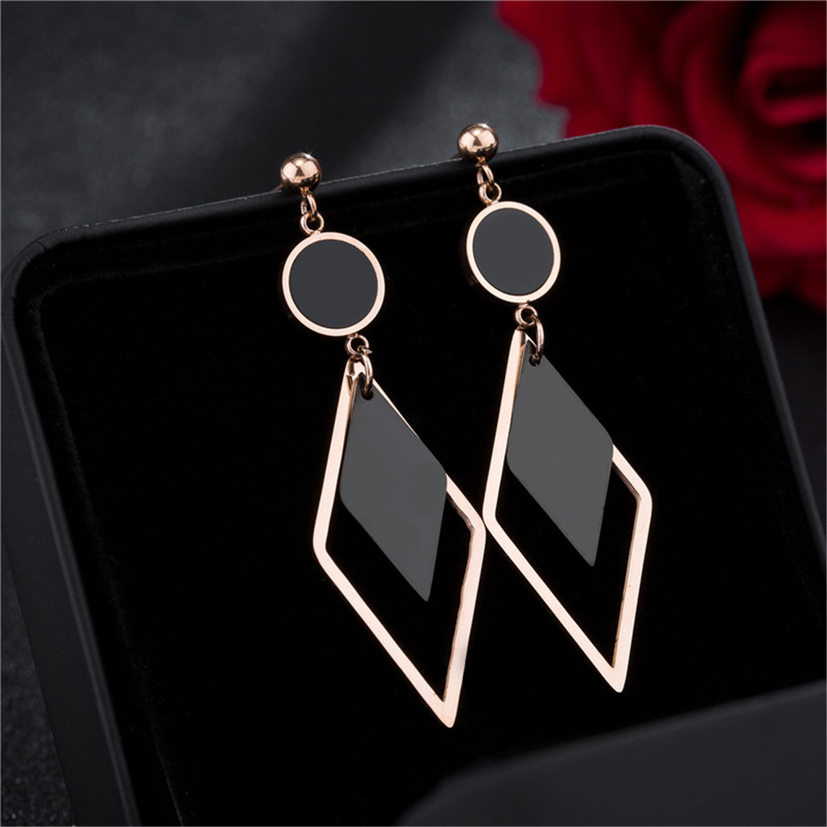 Black Acrylic and 18K Rose Gold-Plated Stacked Rhombus Drop Earrings, rose gold drop earrings for women, detail close-up