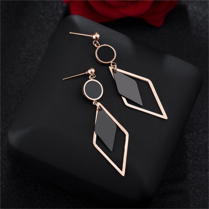 Black Acrylic and 18K Rose Gold-Plated Stacked Rhombus Drop Earrings, rose gold drop earrings for women, lifestyle look