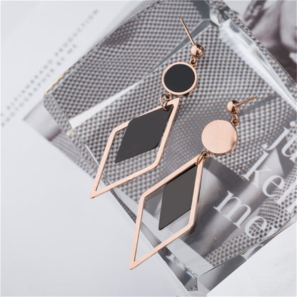 Black Acrylic and 18K Rose Gold-Plated Stacked Rhombus Drop Earrings, rose gold drop earrings for women, styled look