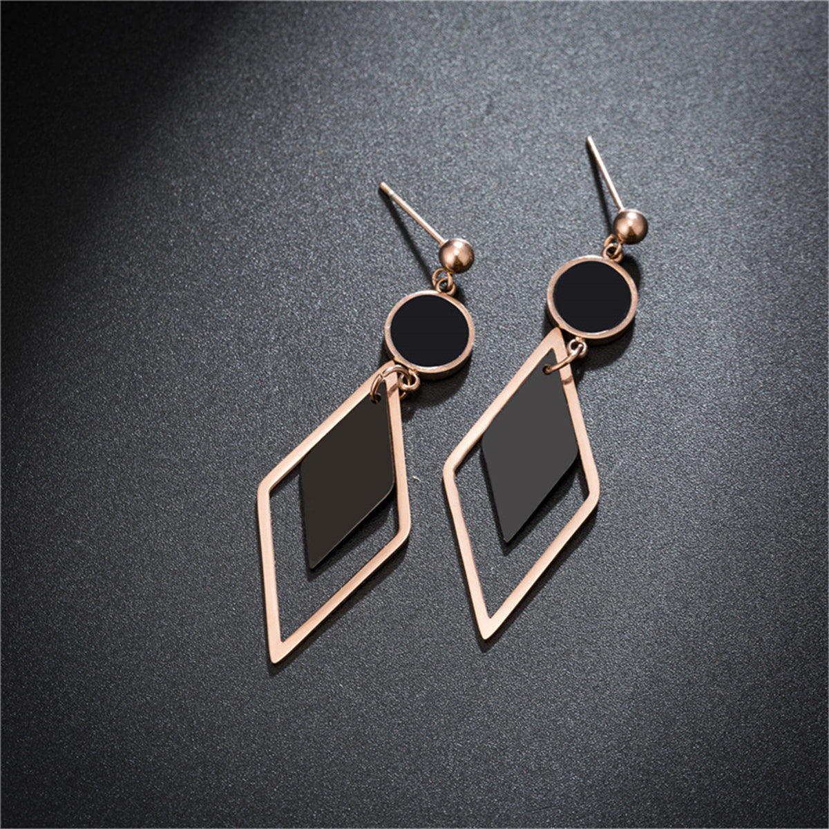 Black Acrylic and 18K Rose Gold-Plated Stacked Rhombus Drop Earrings, rose gold drop earrings for women, side view