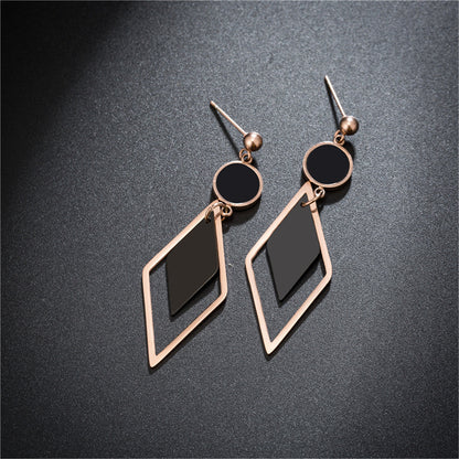 Black Acrylic and 18K Rose Gold-Plated Stacked Rhombus Drop Earrings, rose gold drop earrings for women, side view
