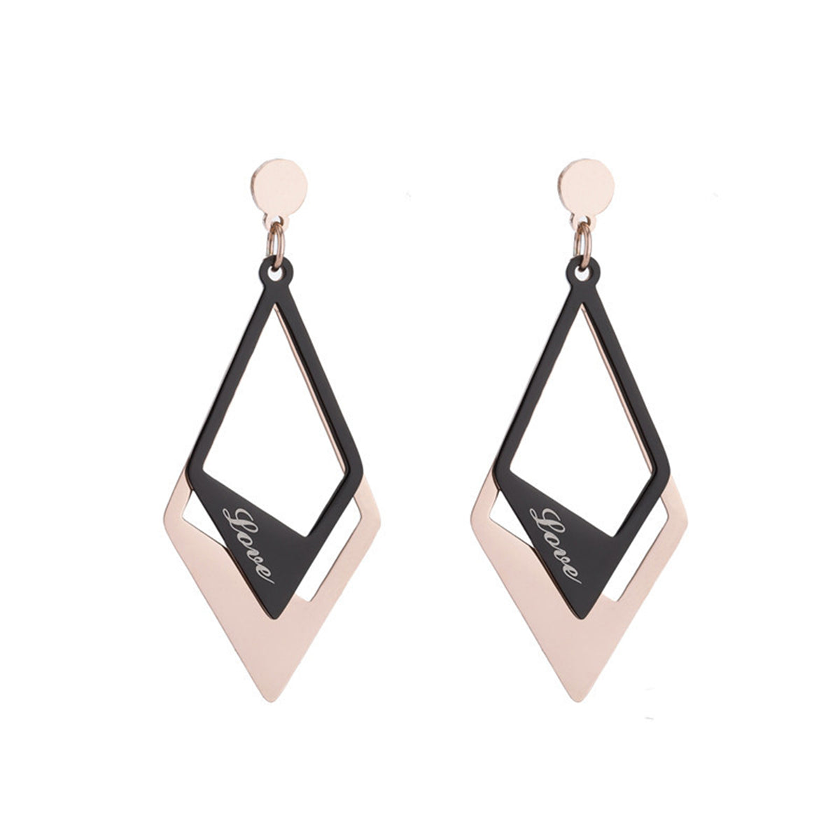 Black Acrylic and 18K Rose Gold-Plated 'Love' Stacked Rhombus Drop Earrings, rose gold drop earrings for women, front view