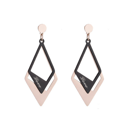 Black Acrylic and 18K Rose Gold-Plated 'Love' Stacked Rhombus Drop Earrings, rose gold drop earrings for women, front view