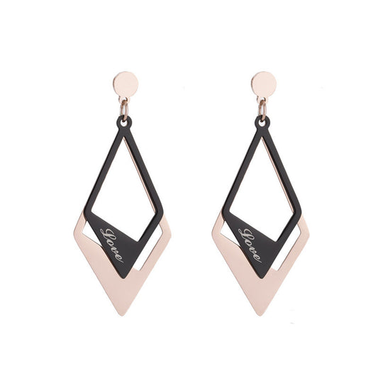Black Acrylic and 18K Rose Gold-Plated 'Love' Stacked Rhombus Drop Earrings, rose gold drop earrings for women, front view