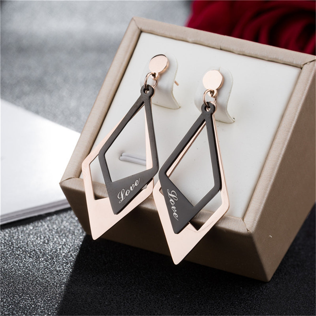 Black Acrylic and 18K Rose Gold-Plated 'Love' Stacked Rhombus Drop Earrings, rose gold drop earrings for..., detail close-up